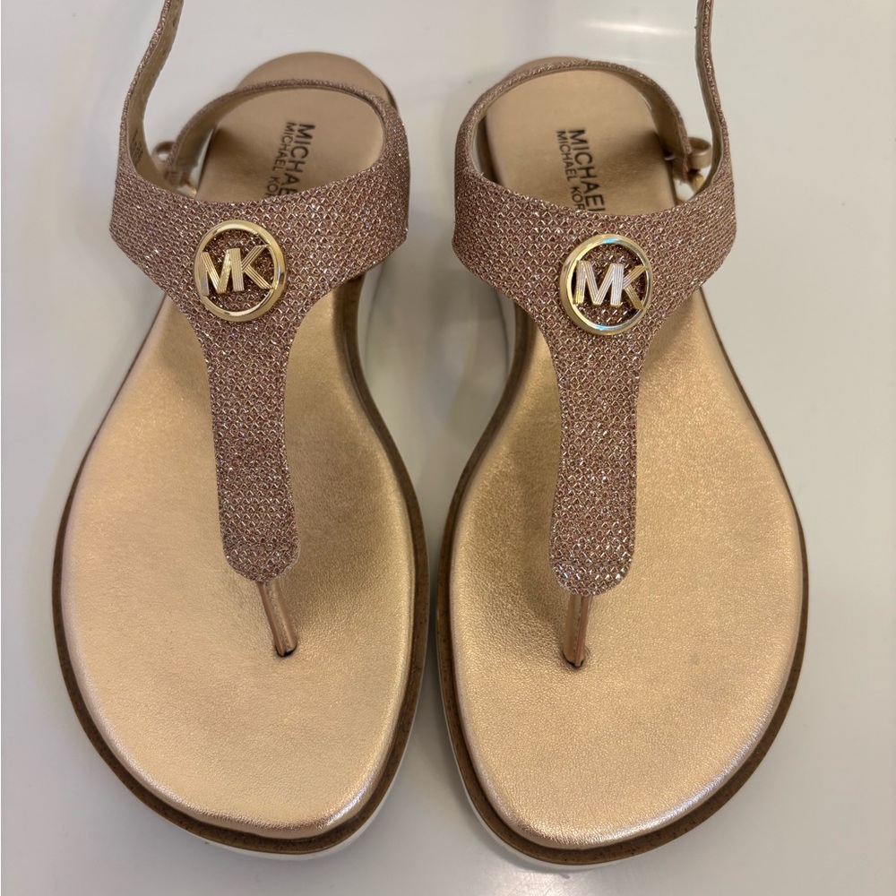 Michael Kors Metallic Rose Gold MK Logo T-Strap Sandals